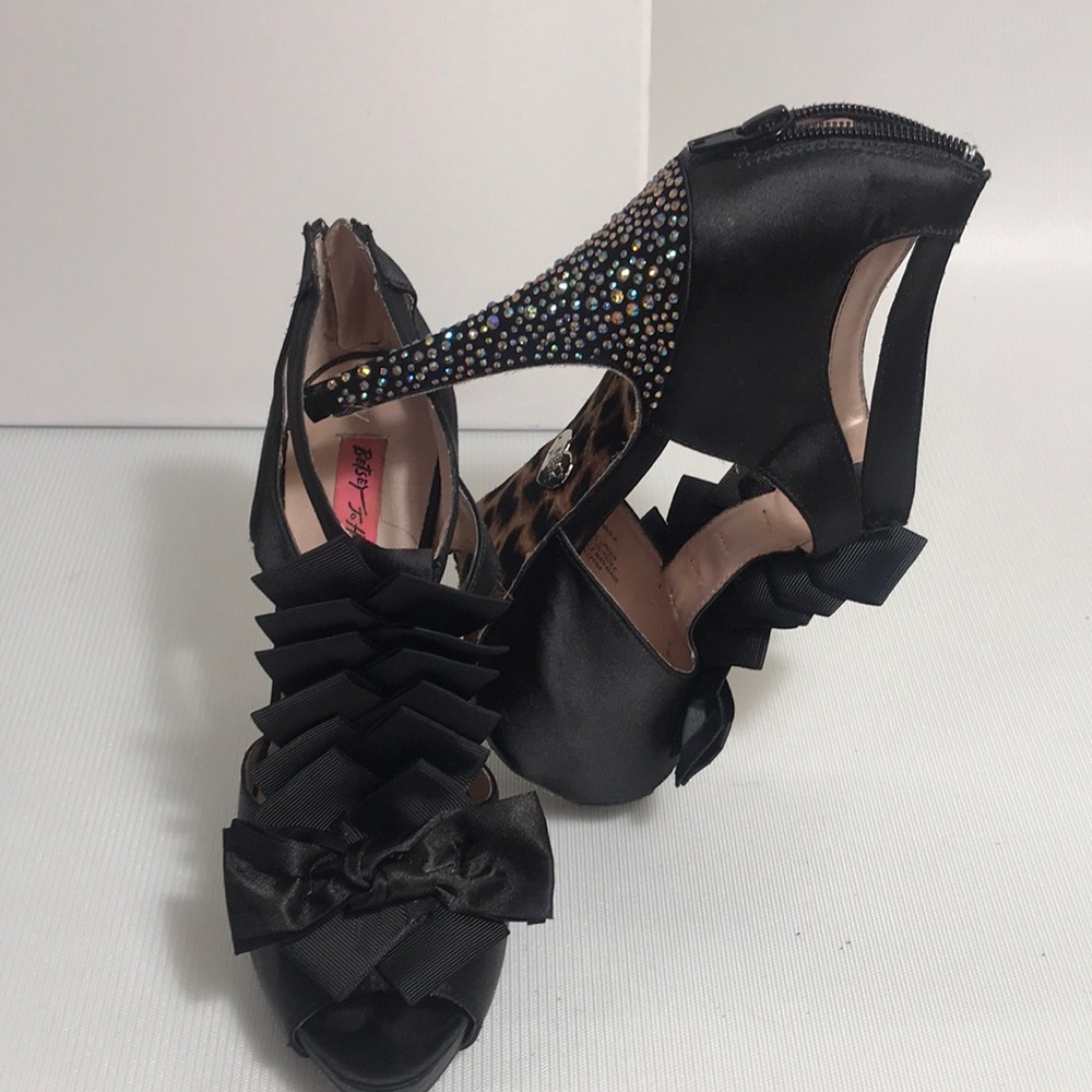 LOWEST Black Satin Betsey Johnson AB Crystal heels